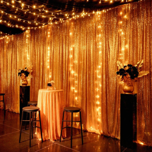 gold and black themed party with gold sequin drape and fairy lights