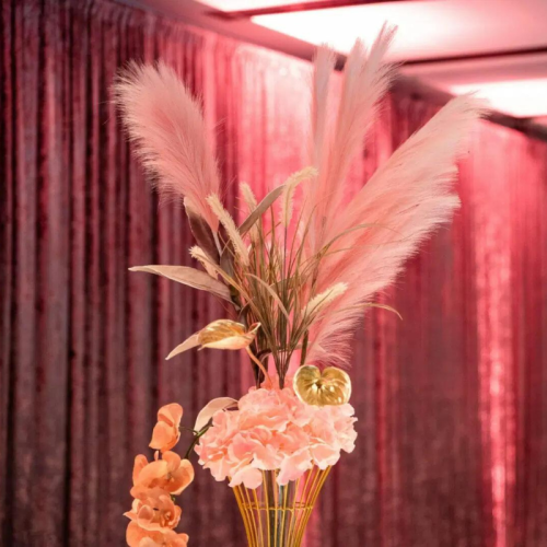 pink velvet drape and dusty pink table centrepiece  