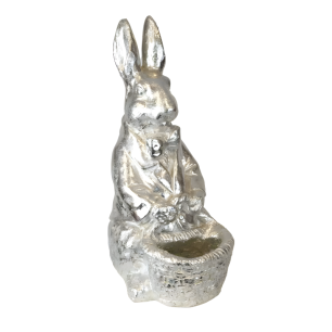 silver rabbit statue with easter basket