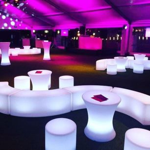 pink wash up lighting white LED benches and stools