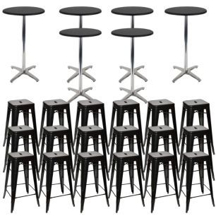 black bar stools and round bar tables 
