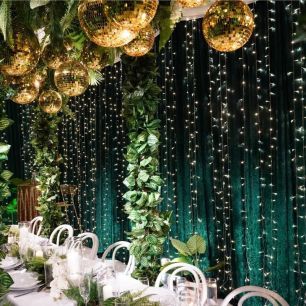 Green And Gold Dinner Party with Fairy Light Curtain Backdrop