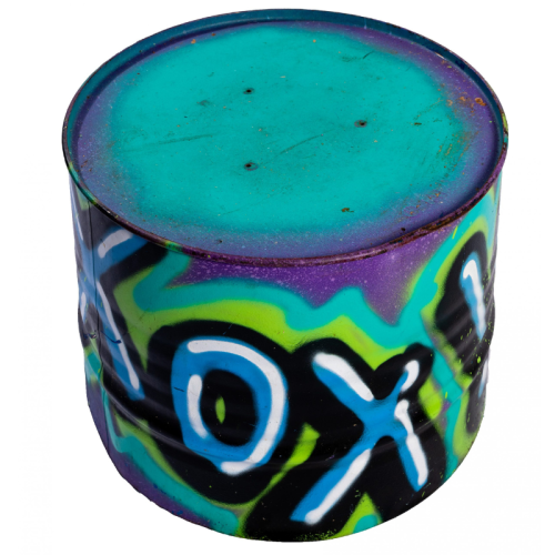 teal and purple graffiti oil drum
