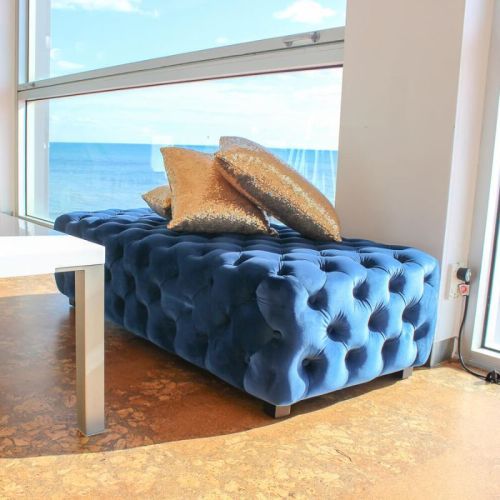 blue velvet button ottoman and coffee table