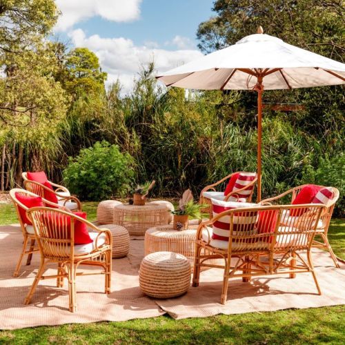 Rattan Outdoor seating red pillows