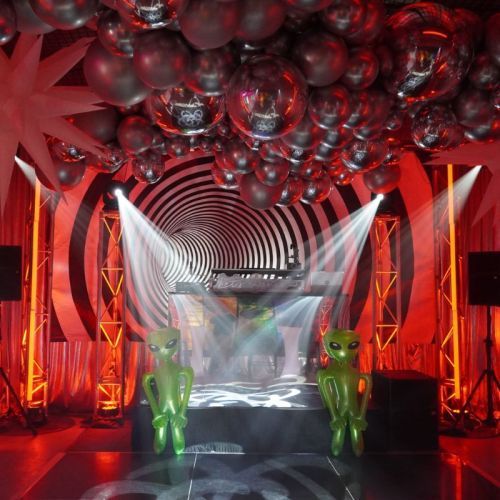 space themed party red lighting silver reflective bar
