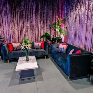 Sienna Velvet Sofa in blue lounge corner