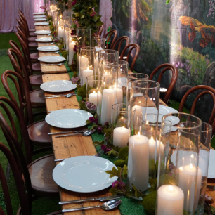 wooden dining table garden theme