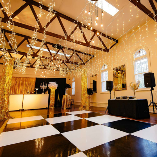gold, black and white party with dancefloor
