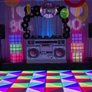 retro disco party with dj booth on stage 