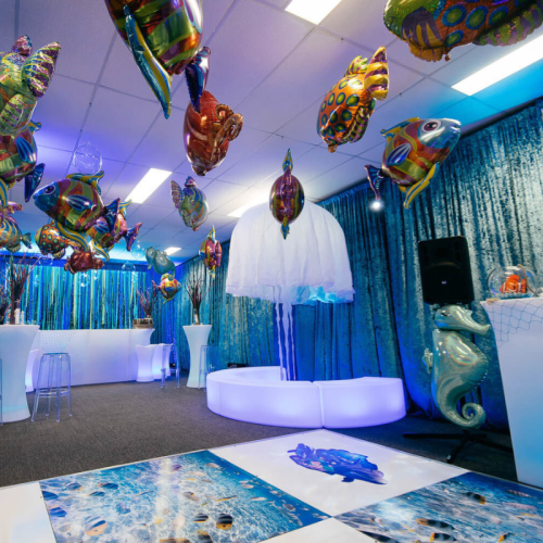 under the sea party with teal room velvet drape