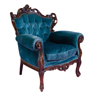 side view of classic victorian royal blue lounge chair
