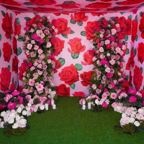 pink floral columns in photo backdrop