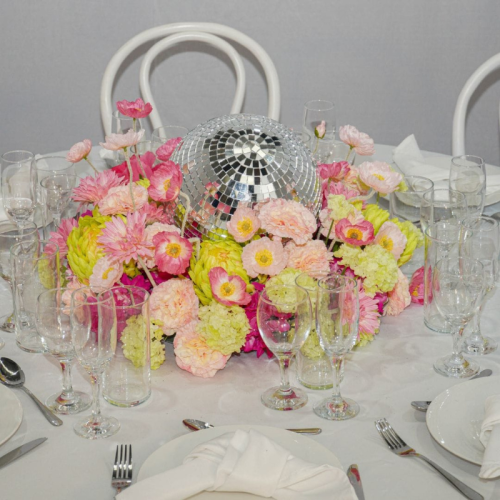 bright colourful table centrepiece florals 