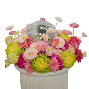floral centrepiece bright pink and yellow flowers