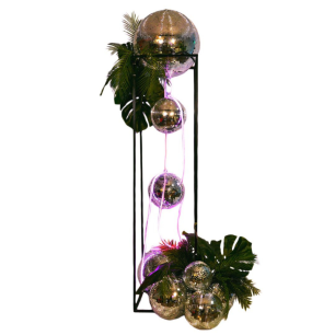 mirror balls with tropical plants disco display