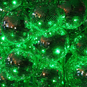 green lit disco mirror balls