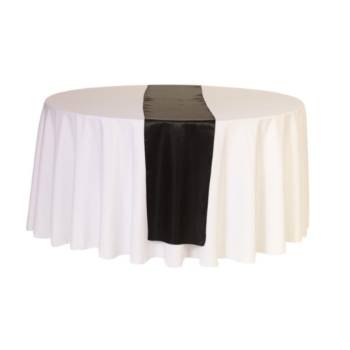 black satin table runner on round banquet table