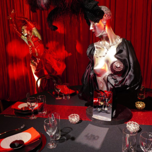 red sequin table runner burlesque dinner party