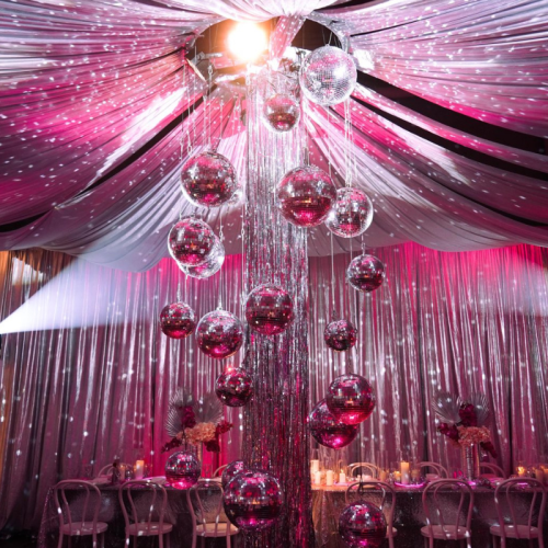 silver tinsel curtain pink disco centrepiece 