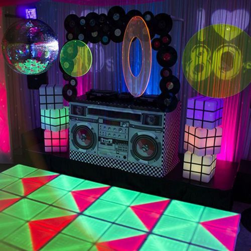 LED Dancefloor at 80s party with rubix cubes
