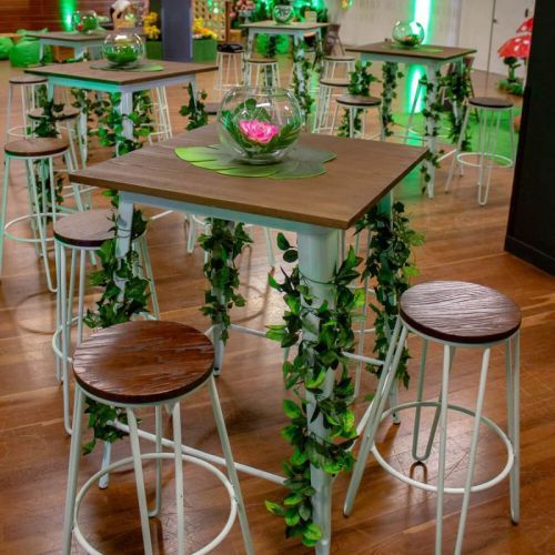 tolix bar table and white hairpin stools
