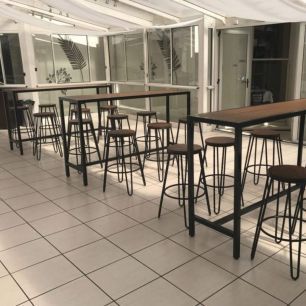 black hairpin stools and tables