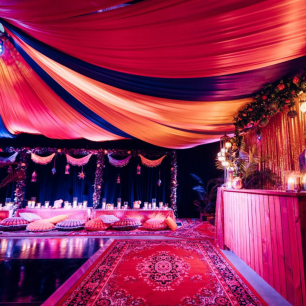 Arabian Nights themed party with Persian rugs along the floor